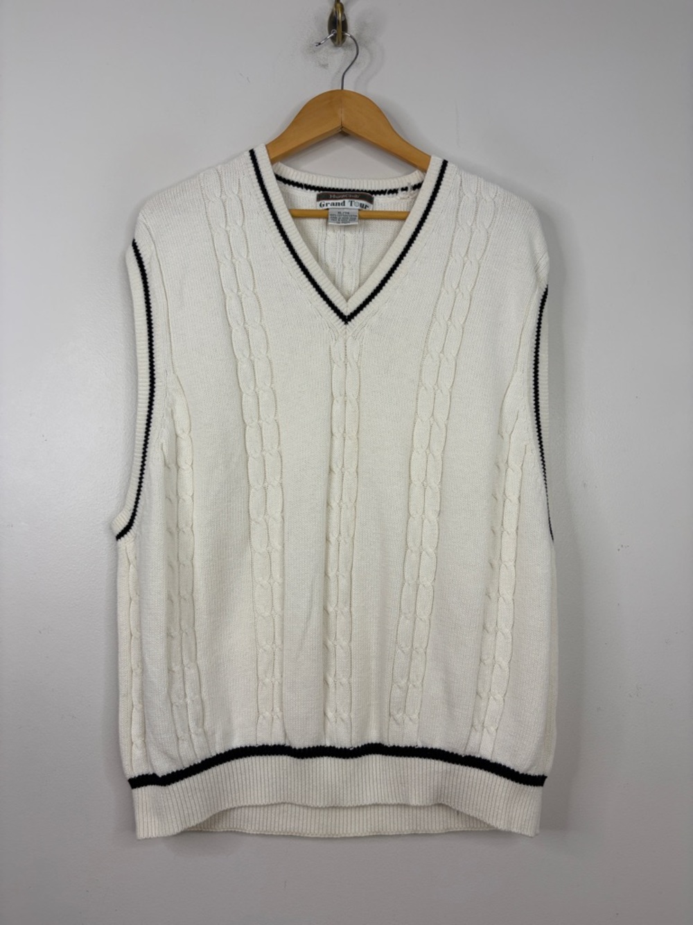 Vintage Sweater Vest Mens XL White Cotton Cable Knit Black Stripe Cricket Tennis